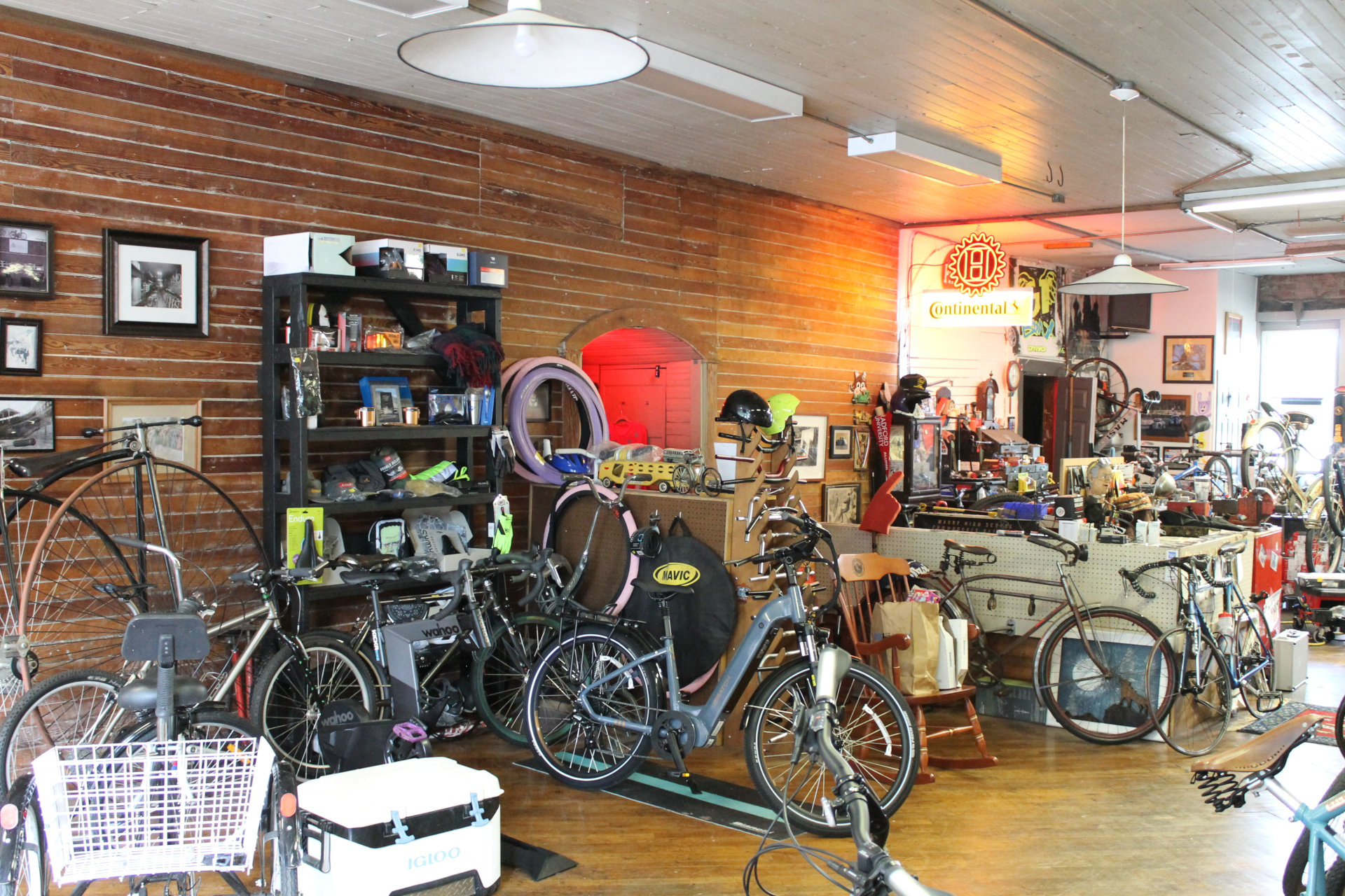 Inside Hund's Bicycle Shop -- bikes, gear, and decades of character lining the walls